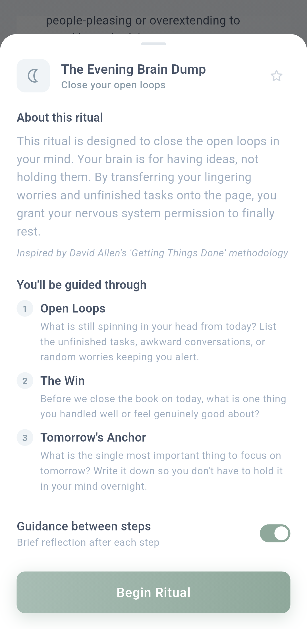 The Evening Brain Dump ritual — a guided 3-step framework for closing mental open loops